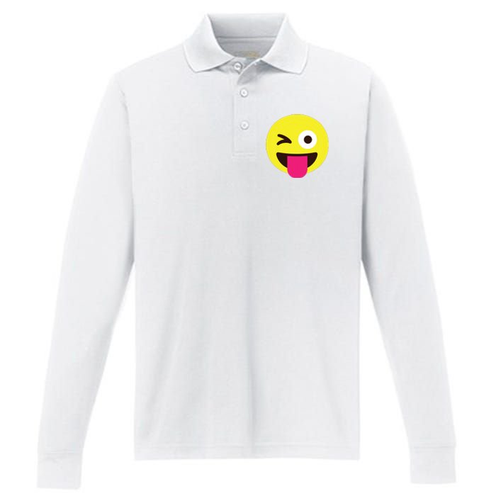 Emoticon Winking Face With Stuckout Tongue And Winking Eye Performance Long Sleeve Polo