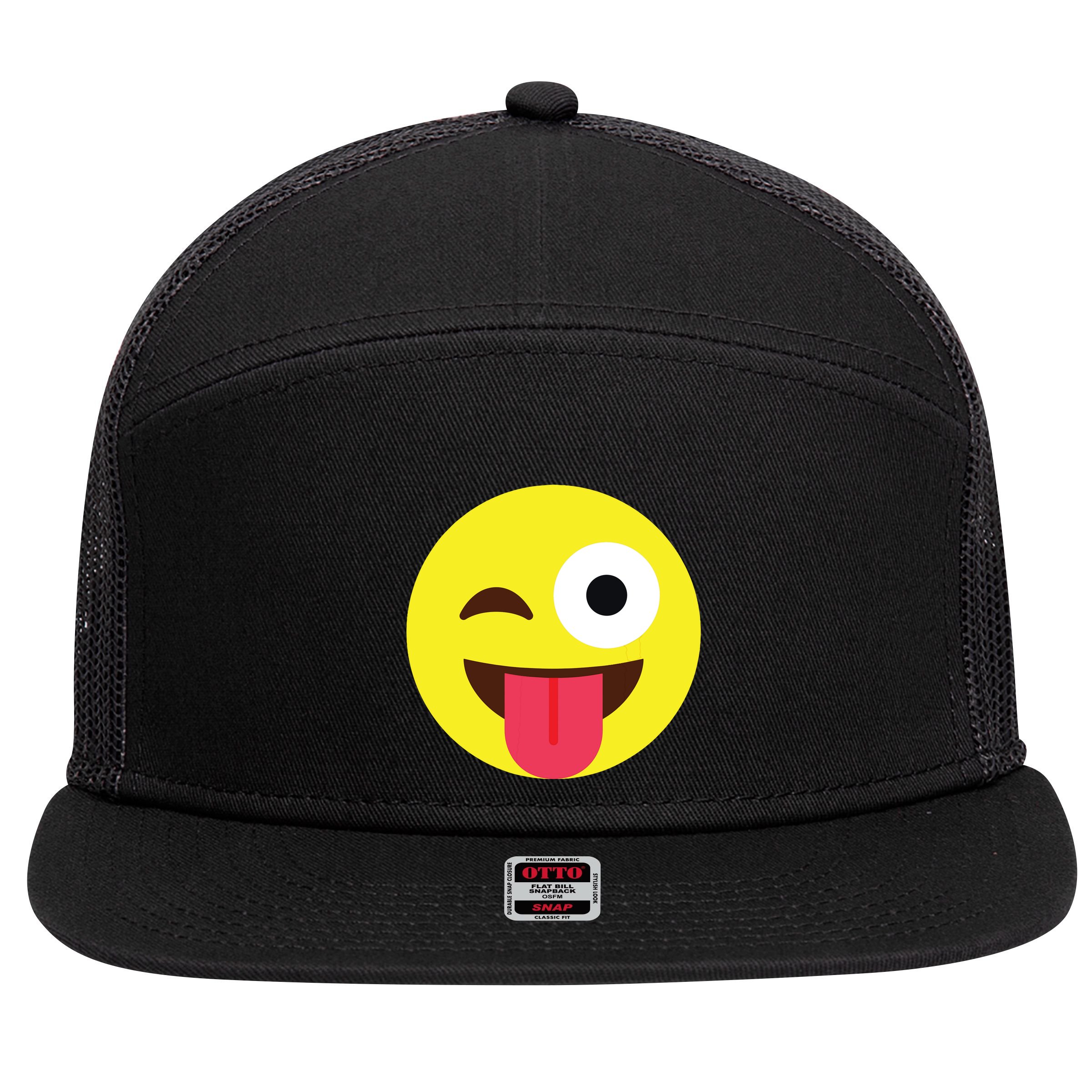 Emoticon Winking Face With Tongue 7 Panel Mesh Trucker Snapback Hat