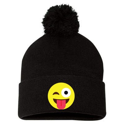 Emoticon Winking Face With Tongue Pom Pom 12in Knit Beanie