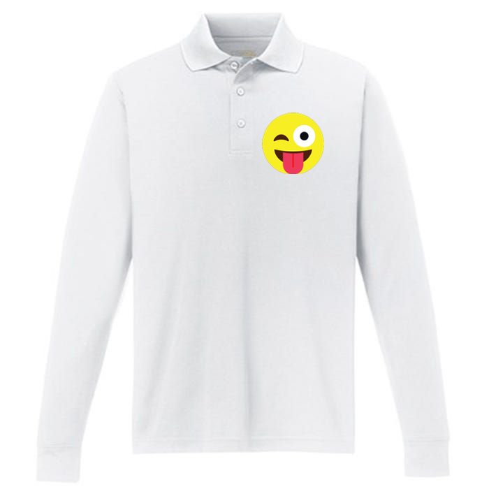 Emoticon Winking Face With Tongue Performance Long Sleeve Polo