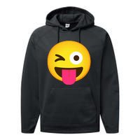 Emoticon Winking Face With Stuck Out Tongue And Winking Eye Performance Fleece Hoodie