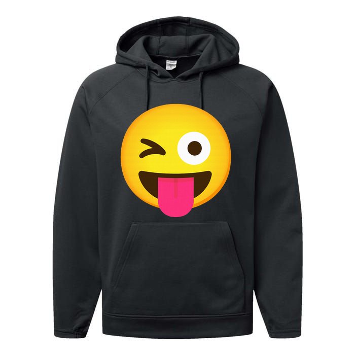 Emoticon Winking Face With Stuck Out Tongue And Winking Eye Performance Fleece Hoodie