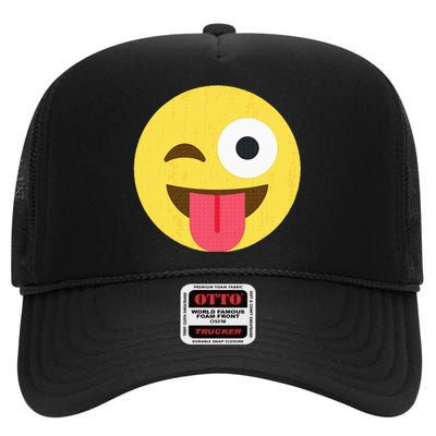 Emoticon Winking Face With Tongue High Crown Mesh Back Trucker Hat