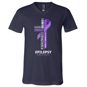 Epilepsy Warrior God Jesus Christ Epilepsy Awareness V-Neck T-Shirt