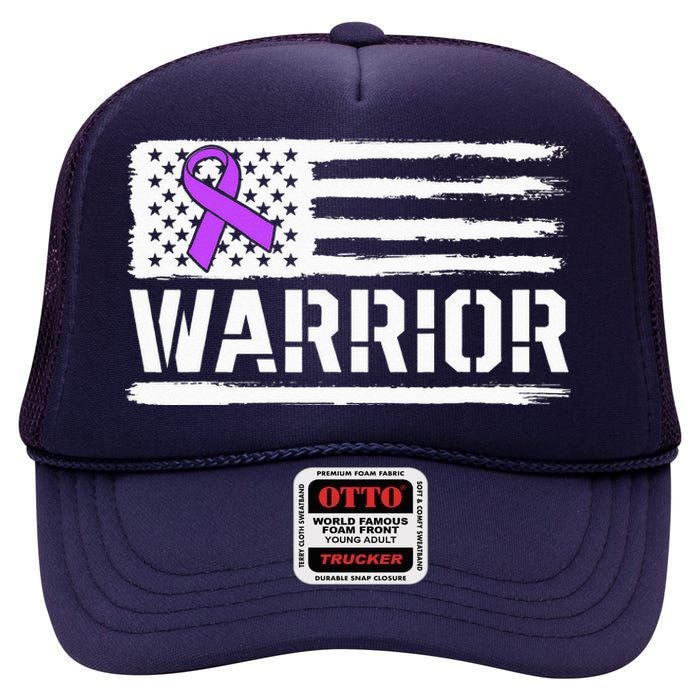 Epilepsy Warrior Gift Purple American Flag Awareness Ribbon High Crown Mesh Back Trucker Hat