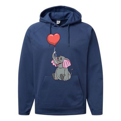 Elephant With Heart Balloon Valentines Day Gift Performance Fleece Hoodie