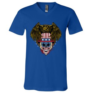 Eagle With Skull American Flag Fourth Of July Patriotic Gift V-Neck T-Shirt