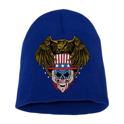 Eagle With Skull American Flag Fourth Of July Patriotic Gift Short Acrylic Beanie