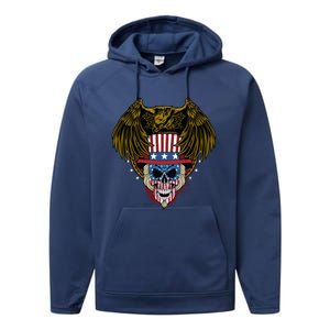 Eagle With Skull American Flag Fourth Of July Patriotic Gift Performance Fleece Hoodie