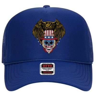 Eagle With Skull American Flag Fourth Of July Patriotic Gift High Crown Mesh Back Trucker Hat