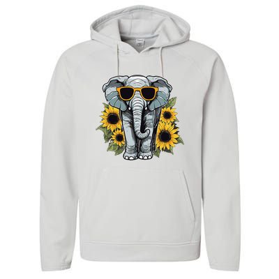 Elephant With Sunglasses And Sunflowers Performance Fleece Hoodie