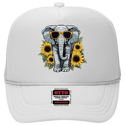 Elephant With Sunglasses And Sunflowers High Crown Mesh Back Trucker Hat