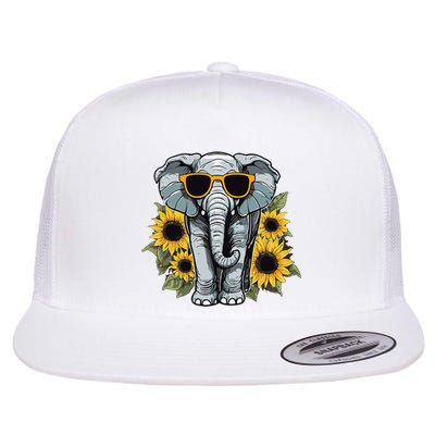 Elephant With Sunglasses And Sunflowers Flat Bill Trucker Hat