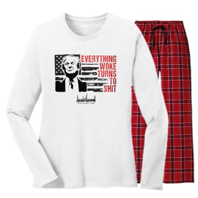 Everything Woke Turns To Shit Funny Trump Women's Long Sleeve Flannel Pajama Set 