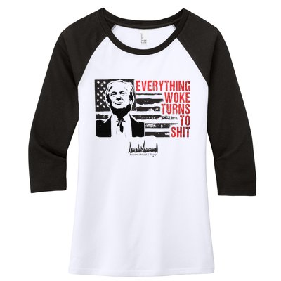 Everything Woke Turns To Shit Funny Trump Women's Tri-Blend 3/4-Sleeve Raglan Shirt