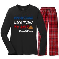 Everything Woke Turns To Shit Funny Poop Emoji Trump Quote Women's Long Sleeve Flannel Pajama Set 