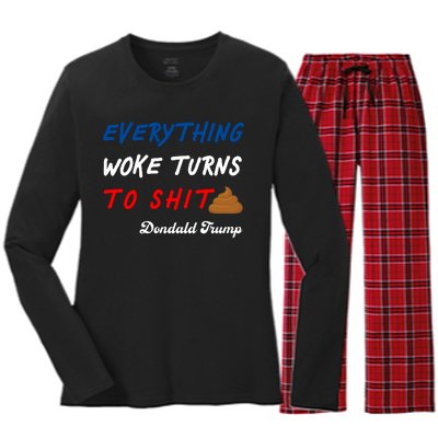 Everything Woke Turns To Shit Funny Poop Emoji Trump Quote Women's Long Sleeve Flannel Pajama Set 