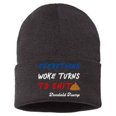 Everything Woke Turns To Shit Funny Poop Emoji Trump Quote Sustainable Knit Beanie