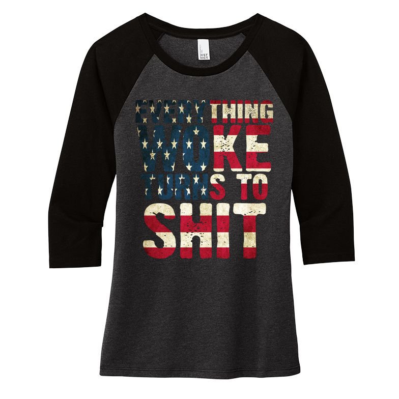 Everything Woke Turns To Shit USA Flag Women's Tri-Blend 3/4-Sleeve Raglan Shirt