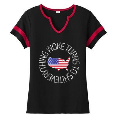 Everything Woke Turns To Shit Trump 2024 Usa Flag Gift Ladies Halftime Notch Neck Tee