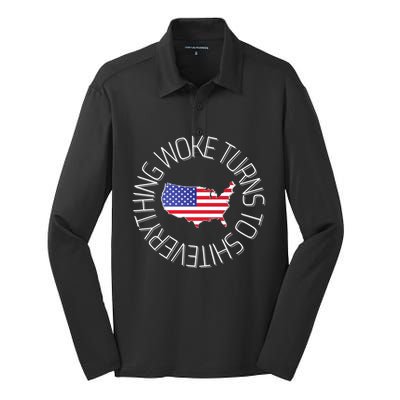 Everything Woke Turns To Shit Trump 2024 Usa Flag Gift Silk Touch Performance Long Sleeve Polo