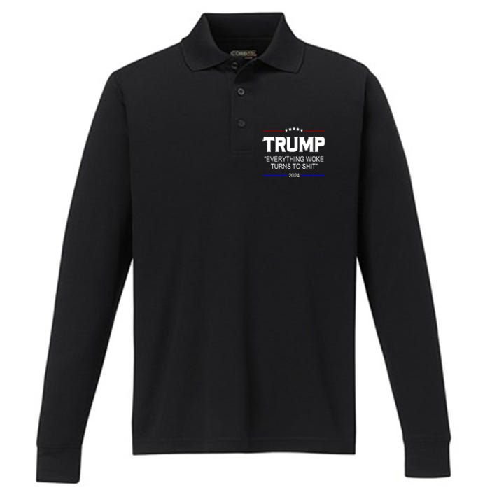 Everything Woke Turns To Shit Funny Trump 2024 President Performance Long Sleeve Polo