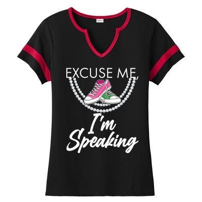 Excuse Me I'm Speaking Pearls and Converse Kamala Harris AKA Ladies Halftime Notch Neck Tee