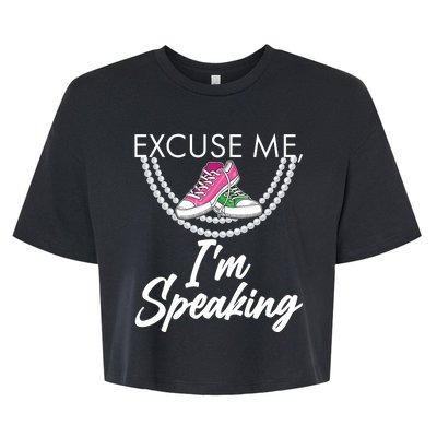 Excuse Me I'm Speaking Pearls and Converse Kamala Harris AKA Bella+Canvas Jersey Crop Tee