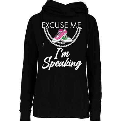 Excuse Me I'm Speaking Pearls and Converse Kamala Harris AKA Womens Funnel Neck Pullover Hood