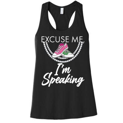 Excuse Me I'm Speaking Pearls and Converse Kamala Harris AKA Women's Racerback Tank