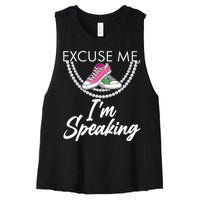 Excuse Me I'm Speaking Pearls and Converse Kamala Harris AKA Women's Racerback Cropped Tank