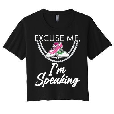 Excuse Me I'm Speaking Pearls and Converse Kamala Harris AKA Women's Crop Top Tee