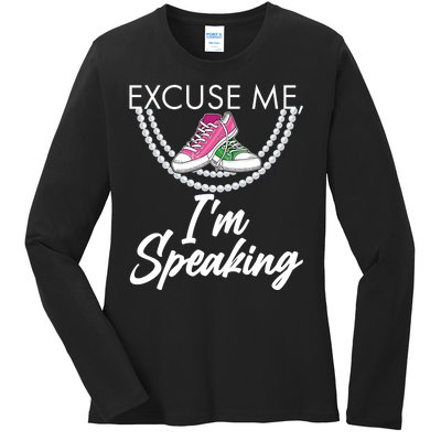 Excuse Me I'm Speaking Pearls and Converse Kamala Harris AKA Ladies Long Sleeve Shirt