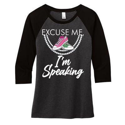 Excuse Me I'm Speaking Pearls and Converse Kamala Harris AKA Women's Tri-Blend 3/4-Sleeve Raglan Shirt