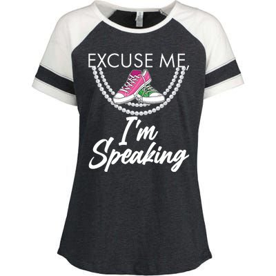 Excuse Me I'm Speaking Pearls and Converse Kamala Harris AKA Enza Ladies Jersey Colorblock Tee