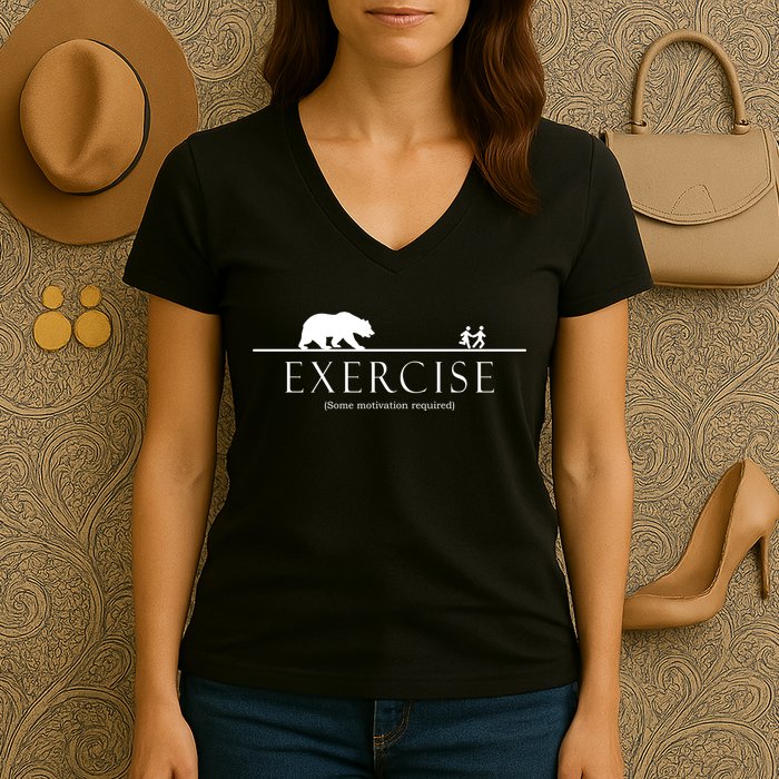 Exercise Some Motivation Required Running from Bear Women's V-Neck T-Shirt