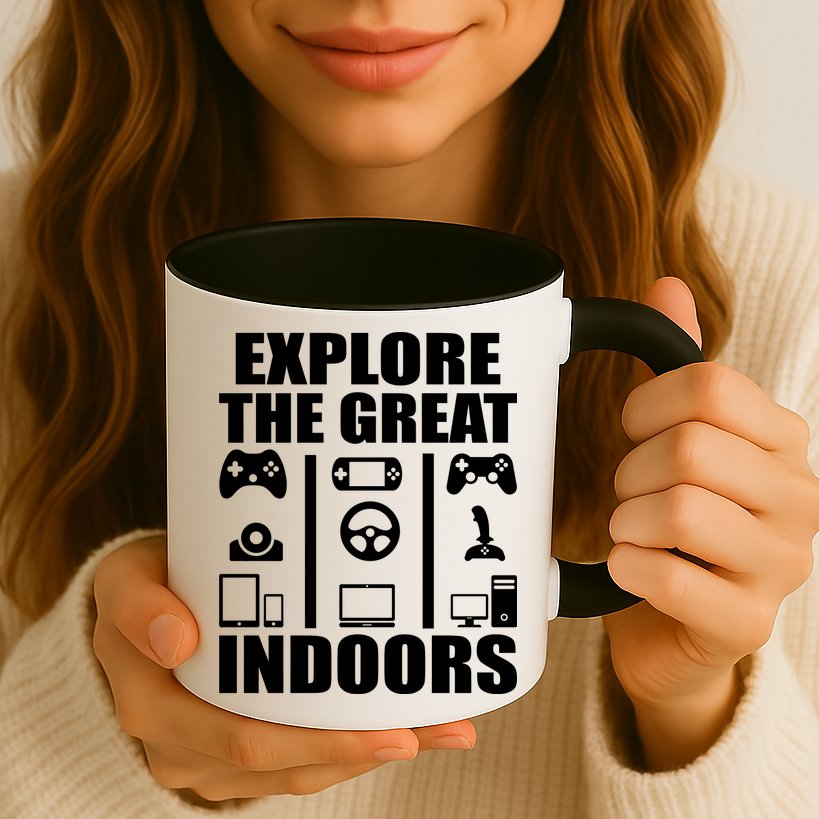 Explore The Great Indoors Funny Video Game Mug