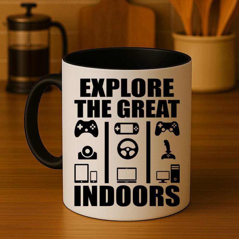 Explore The Great Indoors Funny Video Game Mug