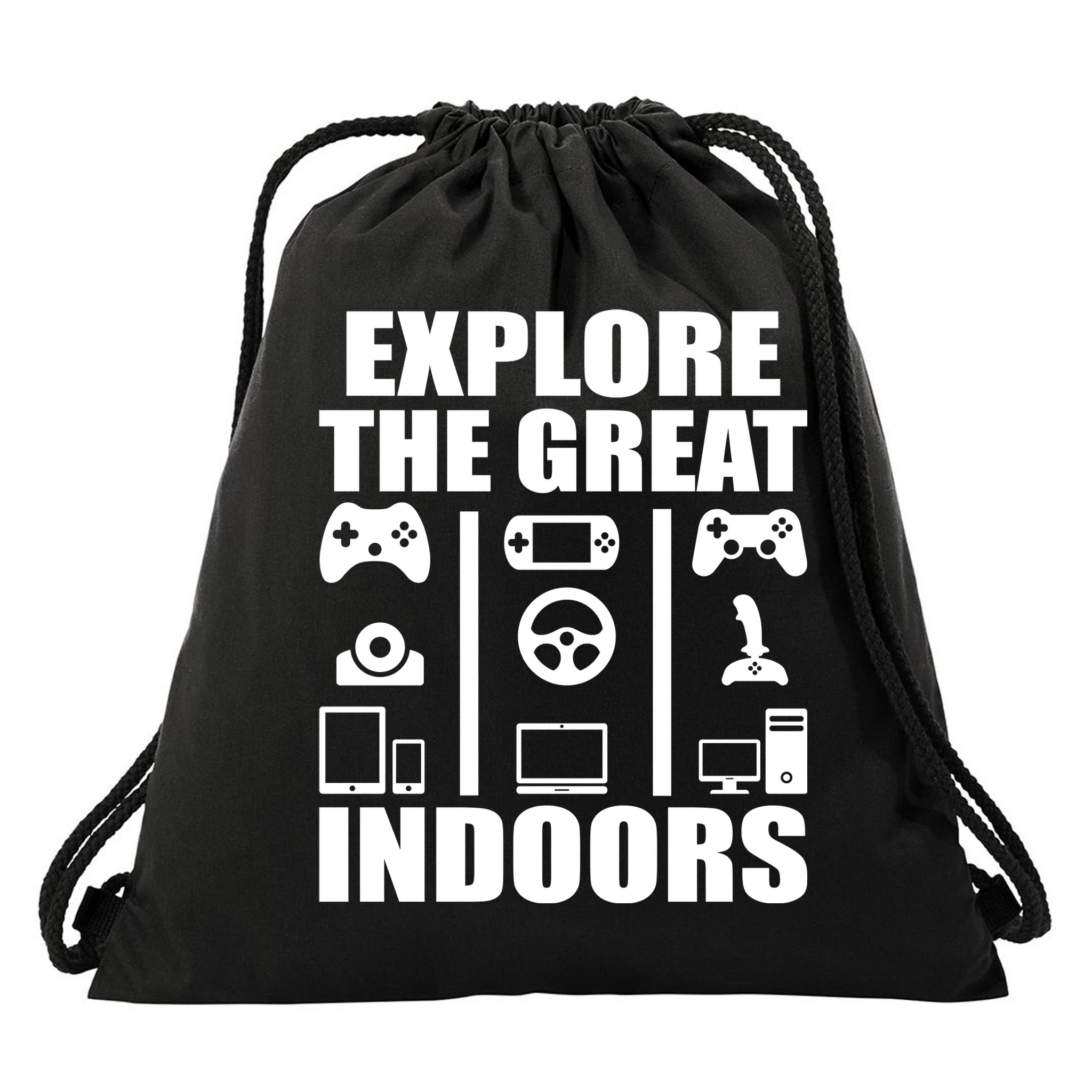 Explore The Great Indoors Funny Video Game Drawstring Bag
