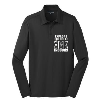 Explore The Great Indoors Funny Video Game Silk Touch Performance Long Sleeve Polo