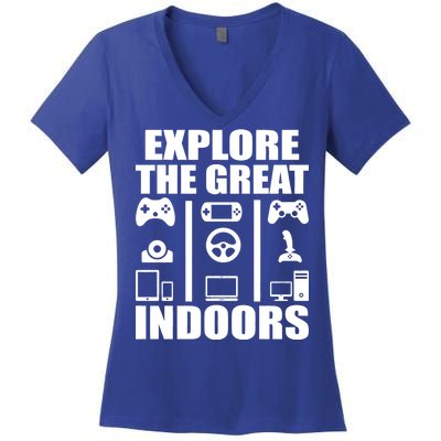 Explore The Great Indoors Funny Video Game Women's V-Neck T-Shirt