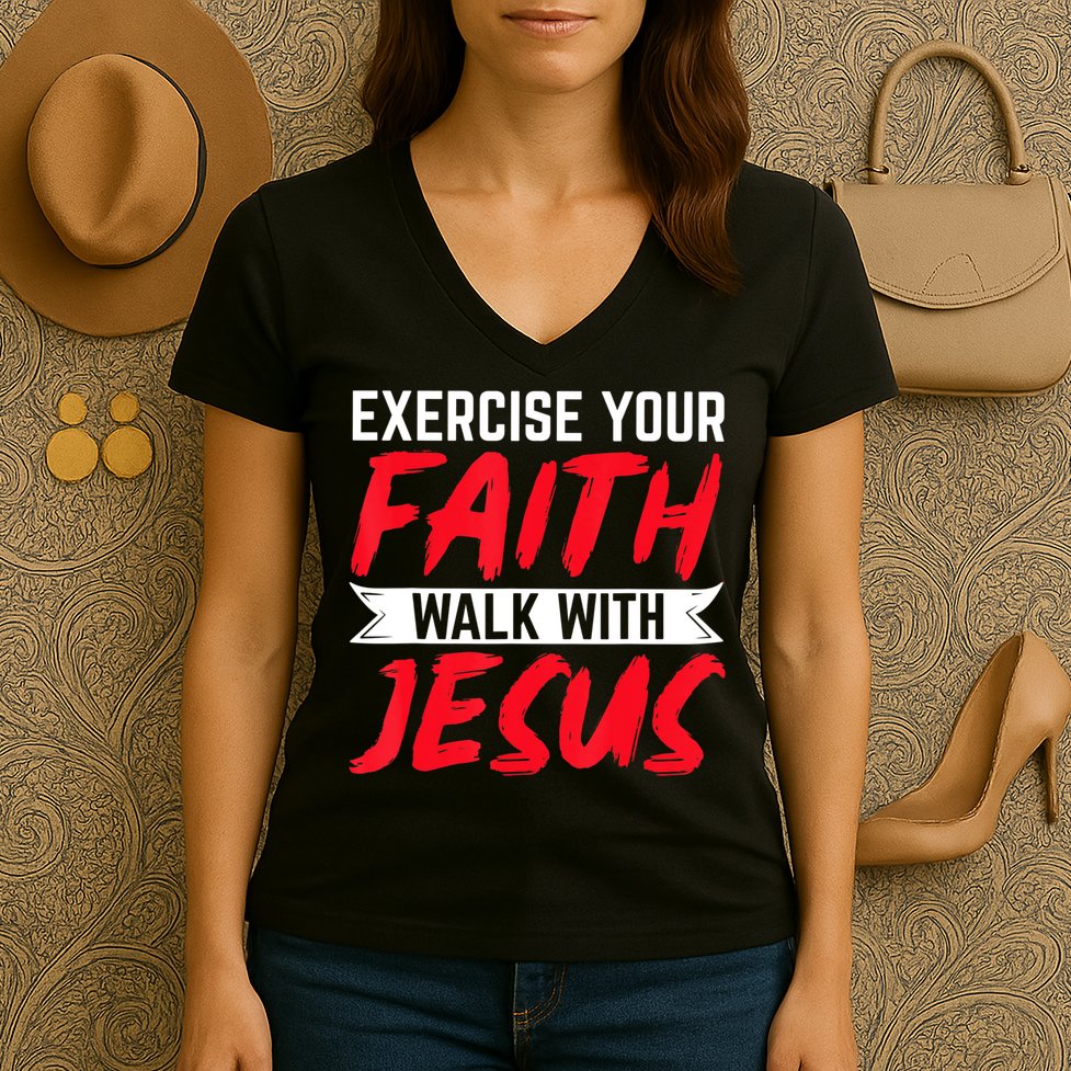 Exercise Your Faith Walk With Jesus Christian Religious Women's V-Neck T-Shirt