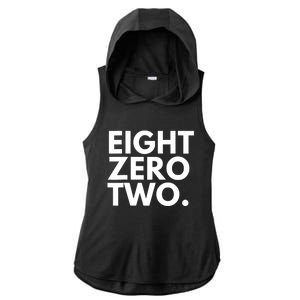 EIGHT ZERO TWO Area Code 802 Vermont USA Ladies PosiCharge Tri-Blend Wicking Draft Hoodie Tank