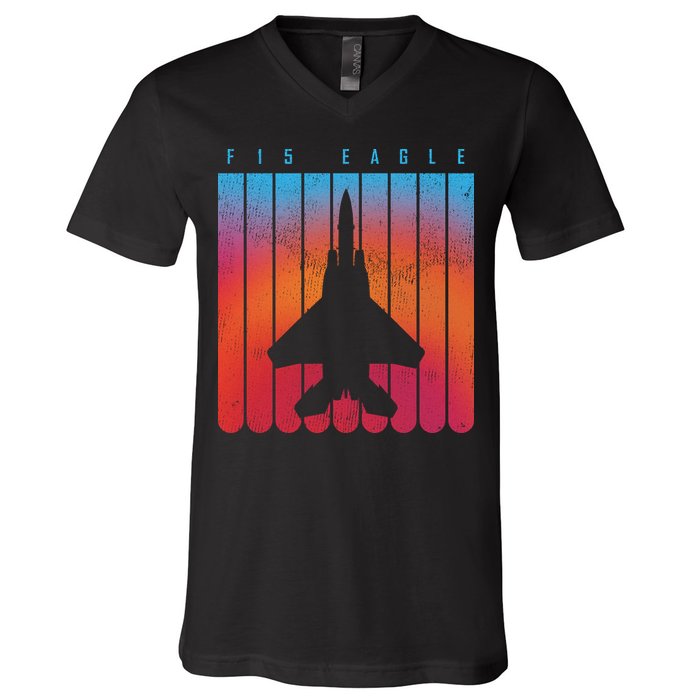 F-15 Eagle Jet Fighter Retro V-Neck T-Shirt