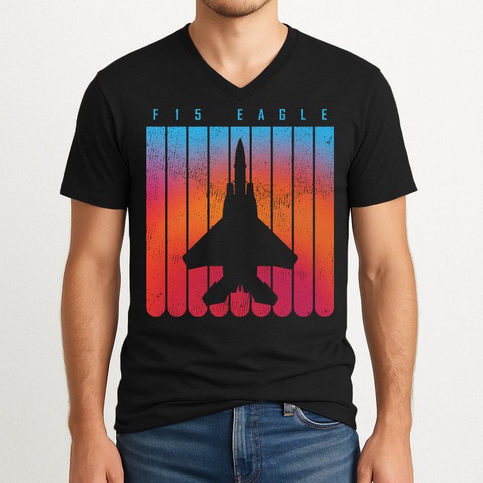 F-15 Eagle Jet Fighter Retro V-Neck T-Shirt