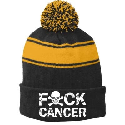 F Cancer Crossbone Skeleton Stripe Pom Pom Beanie