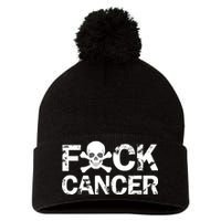 F Cancer Crossbone Skeleton Pom Pom 12in Knit Beanie