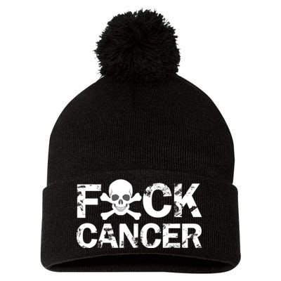 F Cancer Crossbone Skeleton Pom Pom 12in Knit Beanie