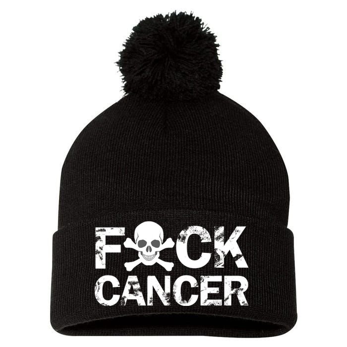 F Cancer Crossbone Skeleton Pom Pom 12in Knit Beanie