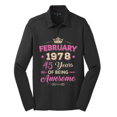 February 1978 45 Years Of Being Awesome Retro 45Th Birthday Silk Touch Performance Long Sleeve Polo